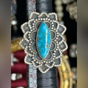 925 Sterling Silver Ring with Blue Ridge Turquoise Gemstone Adjustable Sz8 +-